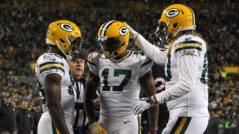 Wide receiver Davante Adams #17 celebrates the first of his two TD's against the Chicago Bears