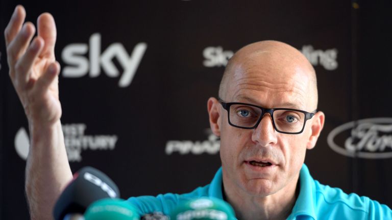 Team Sky director Sir Dave Brailsford gives a press conference at the team's hotel on the second rest day of the 2016 Tour de France cycling race on July 1