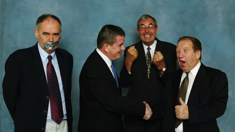 (L-R) Sky Sports darts commentators Sid Waddell, Stuart Pyke, Dave Lanning and John Gwynne