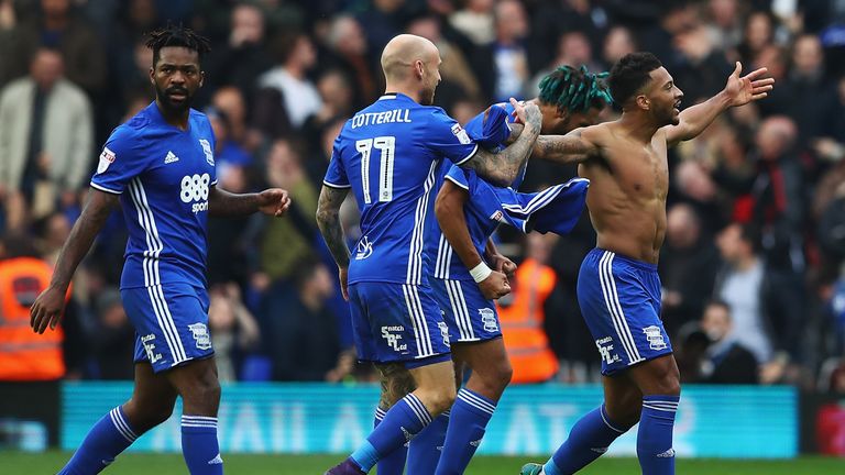 David Davis of Birmingham City celebrates his goal against Aston Villa
