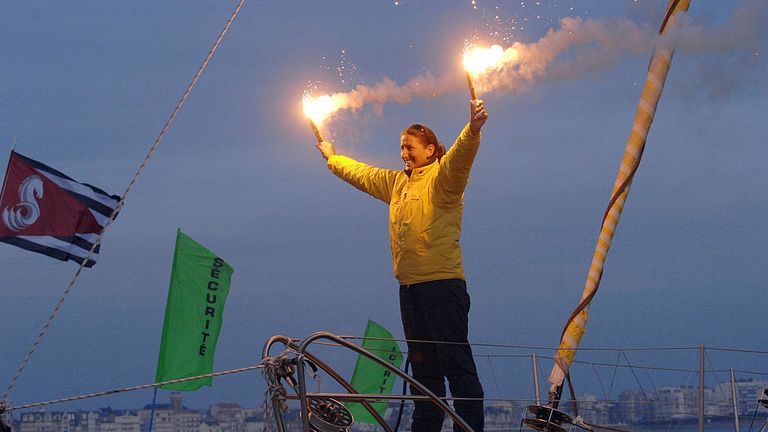 British yachtwoman Dee Caffari jubilates after crossing the finish line of the round-the-world solo sailing race on February 16, 2009 in Les Sables d'Olonn