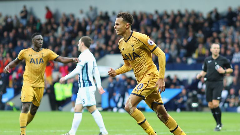 WEST BROMWICH, ENGLAND - OCTOBER 15:  Dele Alli of Tottenham Hotspur celebrates scoring his sides first goal  during the Premier League match between West 