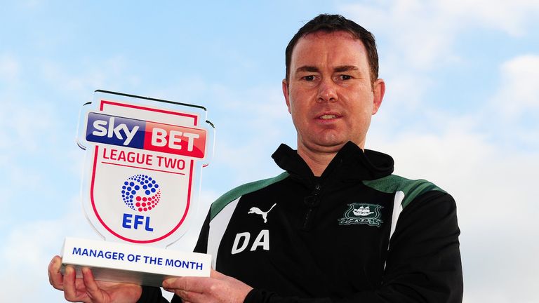 Plymouth Argyle Manager Derek Adams poses with the Manager of the Month award from September. Photo by Harry Trump/JMP.6th October 2016.