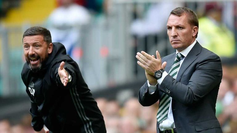 Derek McInnes (left) is looking for a third successive home win over Celtic