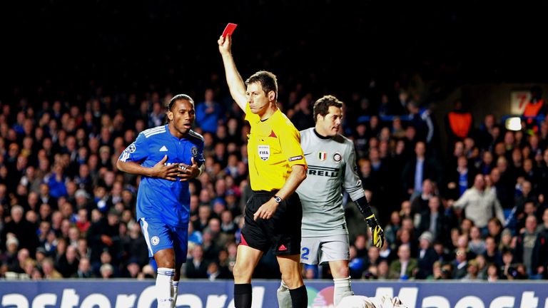 Didier Drogba is sent off by referee Wolfgang Stark at Stamford Bridge