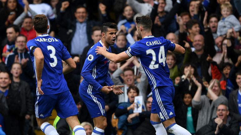 Diego Costa of Chelsea celebrates after scoring against Leicester
