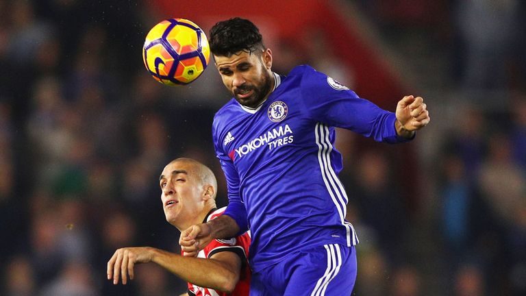 Chelsea striker Diego Costa wins a header against Sounthampton