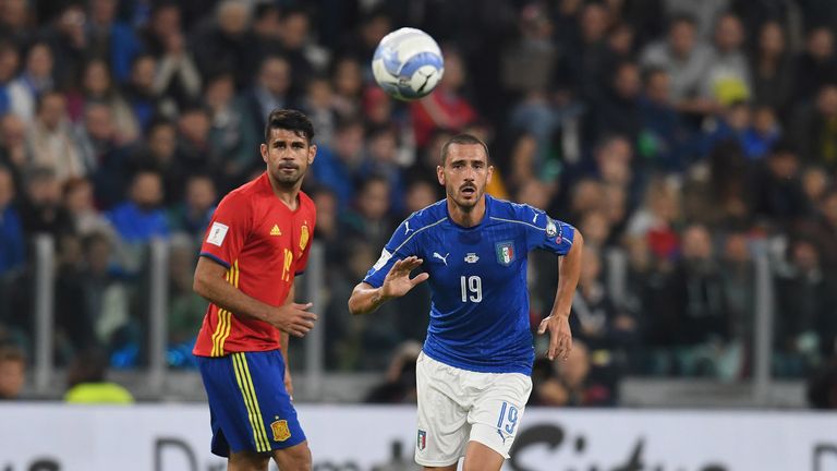 Leonardo Bonucci of Italy and Diego Costa of Spain in action during the FIFA 2018 World Cup Qualifier