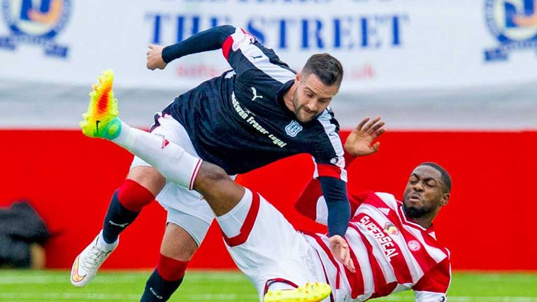 Dundee's Marcus Haber (left) is challenged by Hamilton's Lennard Sowah