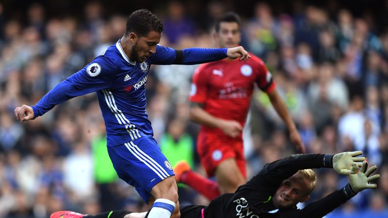 Eden Hazard rounds Kasper Schmeichel to score Chelsea's second against Leicester