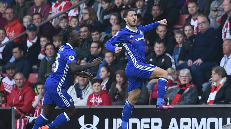 Eden Hazard (R) celebrates scoring the opening goal for Chelsea at Southampton