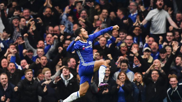 Eden Hazard celebates after scoring Chelsea's third goal