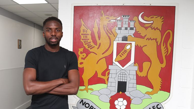 NORTHAMPTON, ENGLAND - AUGUST 12:  Northampton Town new signing Emmanuel Sonupe poses during a photo call at Sixfields Stadium on August 12, 2016 in Northa