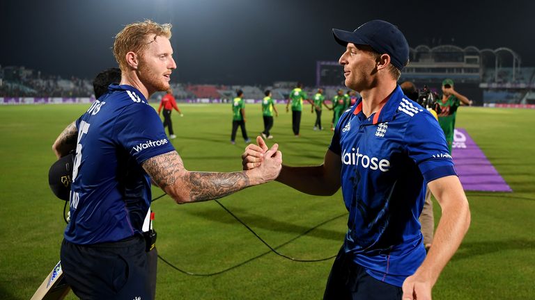 England captain Jos Buttler shakes hands with Ben Stokes after winning the third one-day international against Bangladesh