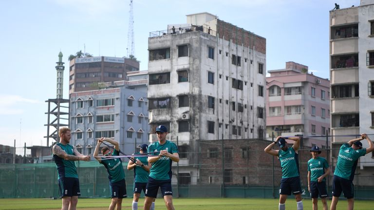 DHAKA, BANGLADESH - OCTOBER 06:  England warm up during a nets session at Sher-e-Bangla National Cricket Stadium on October 6, 2016 in Dhaka, Bangladesh.  