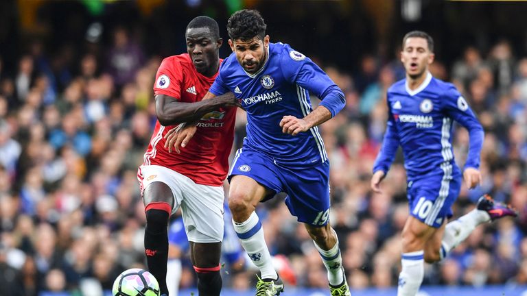 Eric Bailly and Diego Costa battle for possession at Stamford Bridge