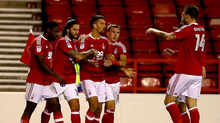 Eric Lichaj of Forest celebrates scoring the opening goal