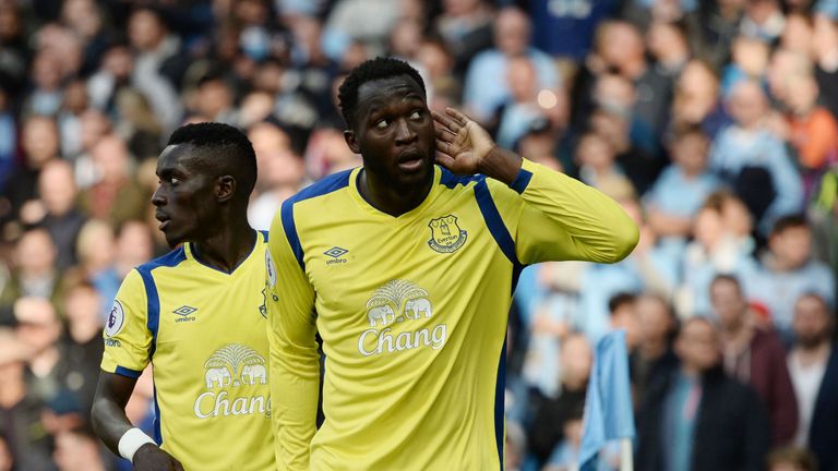 Everton striker Romelu Lukaku celebrates after scoring against Man City
