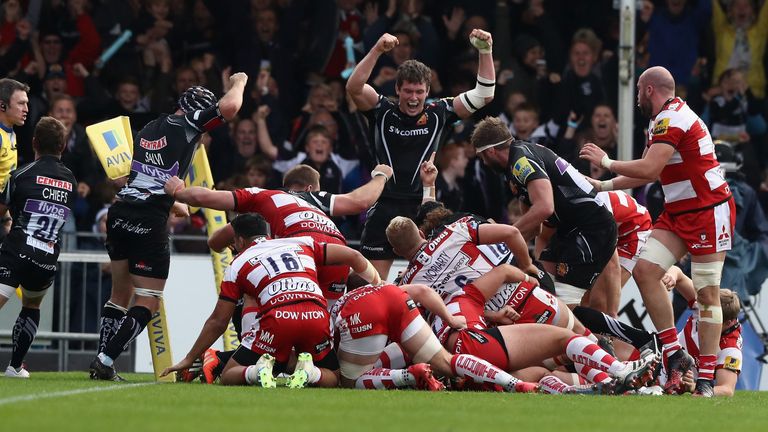 Exeter celebrate as Damian Welch scores a last-minute, equalising try against Gloucester