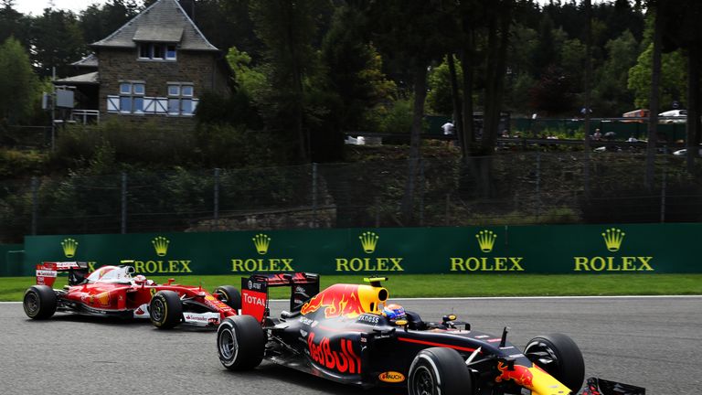 SPA, BELGIUM - AUGUST 28: Max Verstappen of the Netherlands driving the (33) Red Bull Racing Red Bull-TAG Heuer RB12 TAG Heuer leads Kimi Raikkonen of Finl