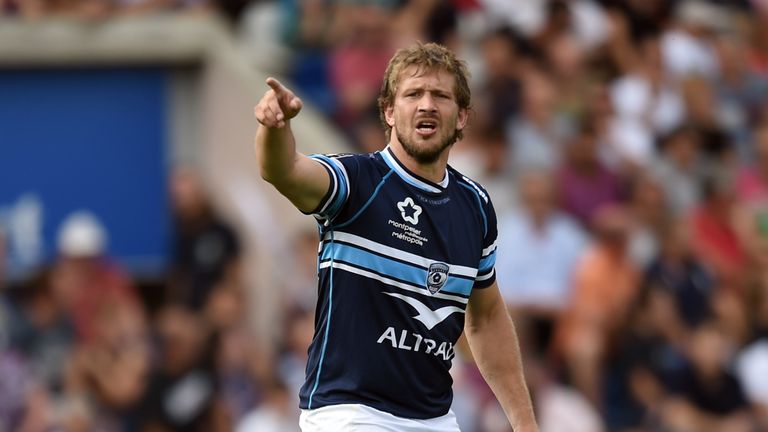 Montpellier's fullback François Steyn gestures after receiving a yellow card during the French Top 14 rugby union match between Bordeaux-Begles