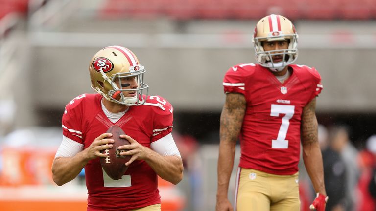SANTA CLARA, CA - NOVEMBER 08:  Colin Kaepernick #7 watches Blaine Gabbert #2 of the San Francisco 49ers warm up before their game against the Atlanta Falc