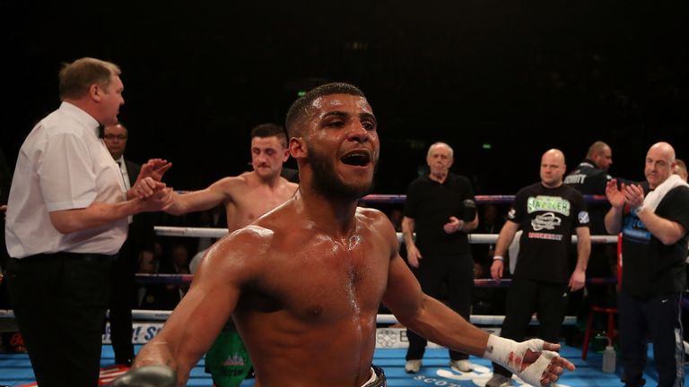   Gamal Yafai of Great Britain celebrates after defeating Bobby Jenkinson of Great Britain in their Commonwealth Super-Banta