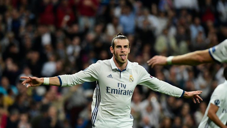Real Madrid forward Gareth Bale celebrates after scoring 