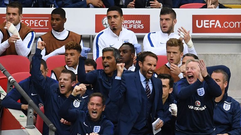 England interim manager Gareth Southgate celebrates his team's second goal 