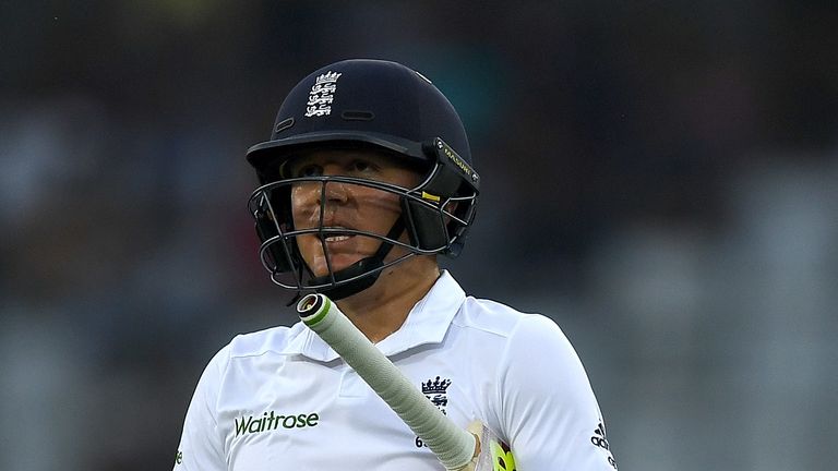 Gary Ballance leaves the field after being dismissed by Mehedi Hasan Miraz during the second Test