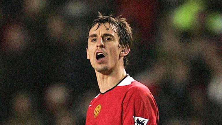 Gary Neville shouts towards Liverpool fans at the end of the Barclays Premiership match at Old Trafford