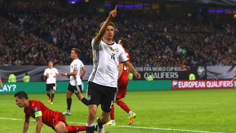 Thomas Muller celebrates after scoring against the Czech Republic