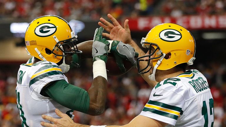 ATLANTA, GA - OCTOBER 30:  Geronimo Allison #81 of the Green Bay Packers celebrates his touchdown reception from Aaron Rodgers #12 against the Atlanta Falc