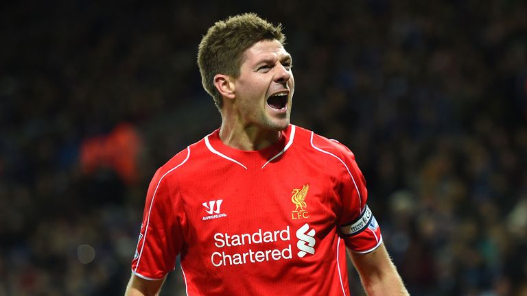 LEICESTER, ENGLAND - DECEMBER 02:  Steven Gerrard of Liverpool celebrates after scoring his team's second goal during the Barclays Premier League match bet