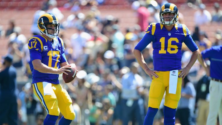 LOS ANGELES, CA - SEPTEMBER 18:  Quarterback  Case Keenum #17 (L) and Jared Goff #16 (R) of the Los Angeles Rams warm up before their home opening NFL game