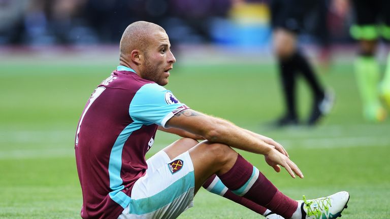 LONDON, ENGLAND - AUGUST 21: Gokhan Tore of West Ham United looks on after going to ground during the Premier League match between West Ham United and AFC 