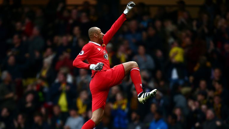 Heurelho Gomes of Watford celebrates his side's first goal during the Premier League match against Hull