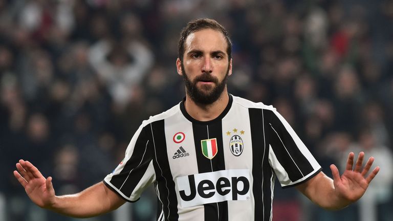 Juventus' forward from Argentina Gonzalo Higuain celebrates after scoring a goal during the Italian Serie A football match Juventus vs Napoli at Juventus S