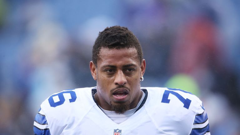 ORCHARD PARK, NY - DECEMBER 27:   Greg Hardy #76 of the Dallas Cowboys warms up before the game against the Buffalo Bills at Ralph Wilson Stadium on Decemb