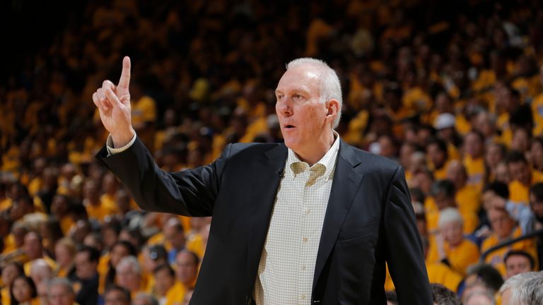 Head Coach, Gregg Popovic, of the San Antonio Spurs calls a play against the Golden State Warriors