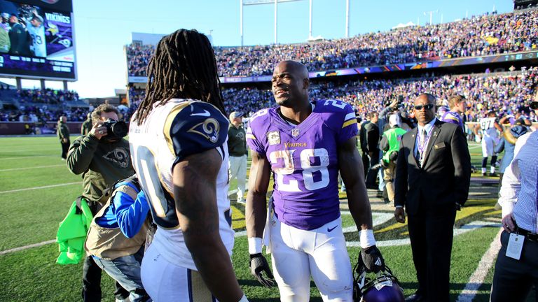 MINNEAPOLIS, MN - NOVEMBER 8:  Adrian Peterson #28 of the Minnesota Vikings greets Todd Gurley #30 of the St. Louis Rams after the Vikings defeated the Ram