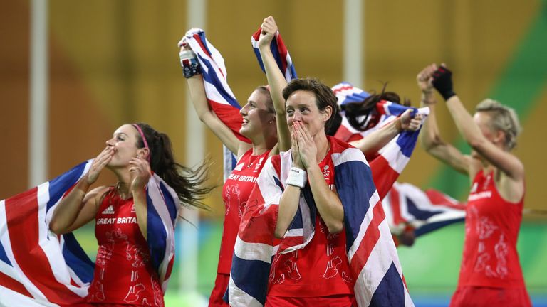 Hannah MacLeod of Great Britain celebrates after winning the Women's Gold Medal Match against Netherlands on Day 14 of