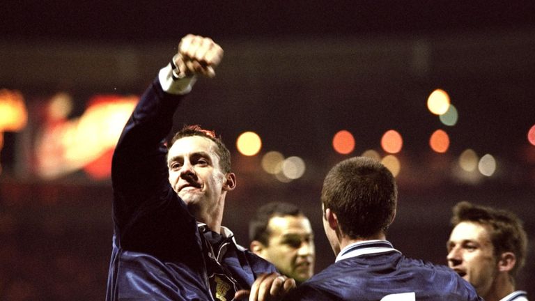 17 Nov 1999:  Don Hutchison #10 celebrates his 39th minute goal for Scotland during the Euro 2000 play-off second leg match against England at Wembley Stad