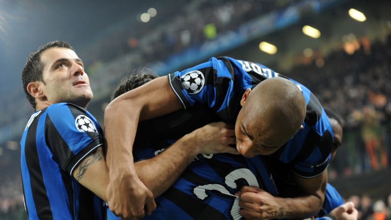 Inter Milan players celebrate after Diego Milito's opener at the San Siro