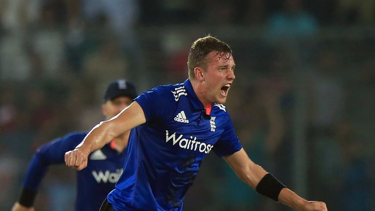 England cricketer Jake Ball celebrates the dismissal of the Sabbir Rahman