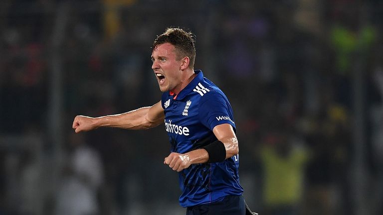 DHAKA, BANGLADESH - OCTOBER 07:  Jake Ball of England celebrates dismissing Sabbir Rahman of Bangladesh during the 1st One Day International match between 