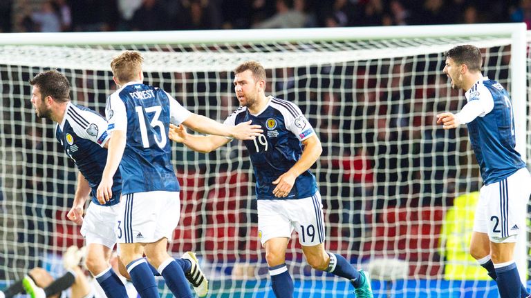 Scotland players celebrate James McArthur's (19) goal against Lithuania