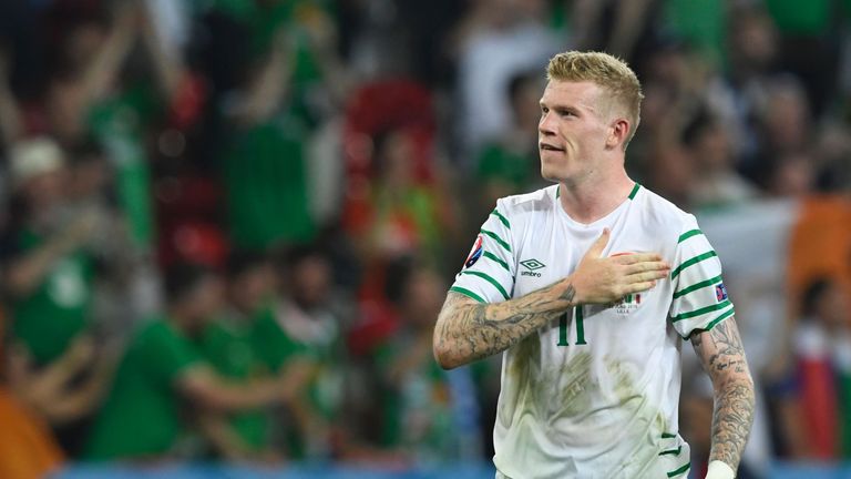 Ireland's midfielder James McClean reacts during the Euro 2016 group E football match between Italy and Ireland at the Pierre-Mauroy stadium in Villeneuve-