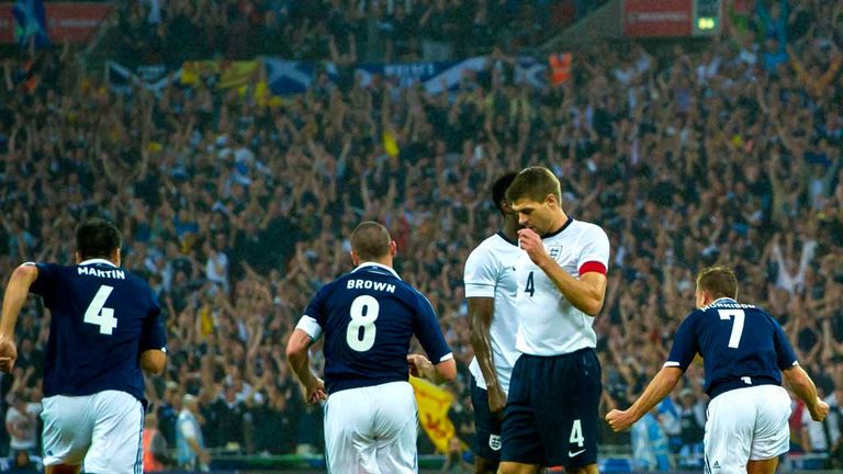 James Morrison (right) scores for Scotland on their last visit to Wembley in 2013.  England won the game 3-2