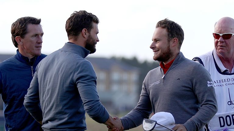 Tyrrell Hatton with playing partner Jamie Dornan after the third round of the Alfred Dunhill Links Championship